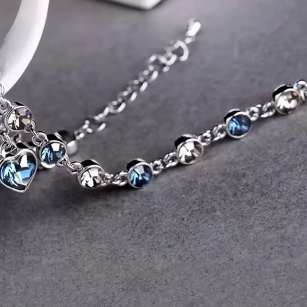 Blue Heart Zircon Bracelets New Shiny Blue Crystal Love  Bracelet 8”+2” - Picture 4 of 7